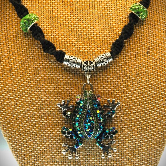 Adorable Green & Blue Rhinestone Frog on a Handmade Black Hemp Chain - Picture 5 of 6